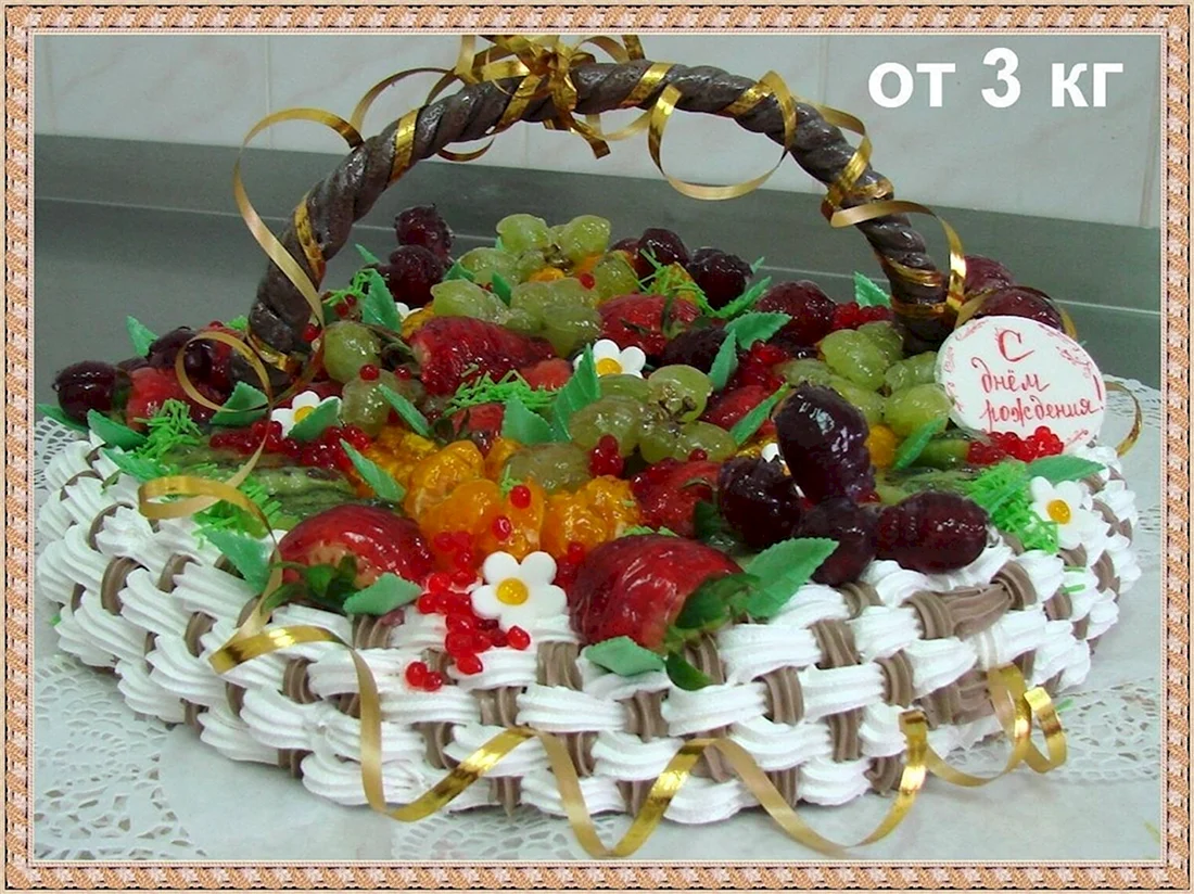 Торт корзина с фруктами и цветами