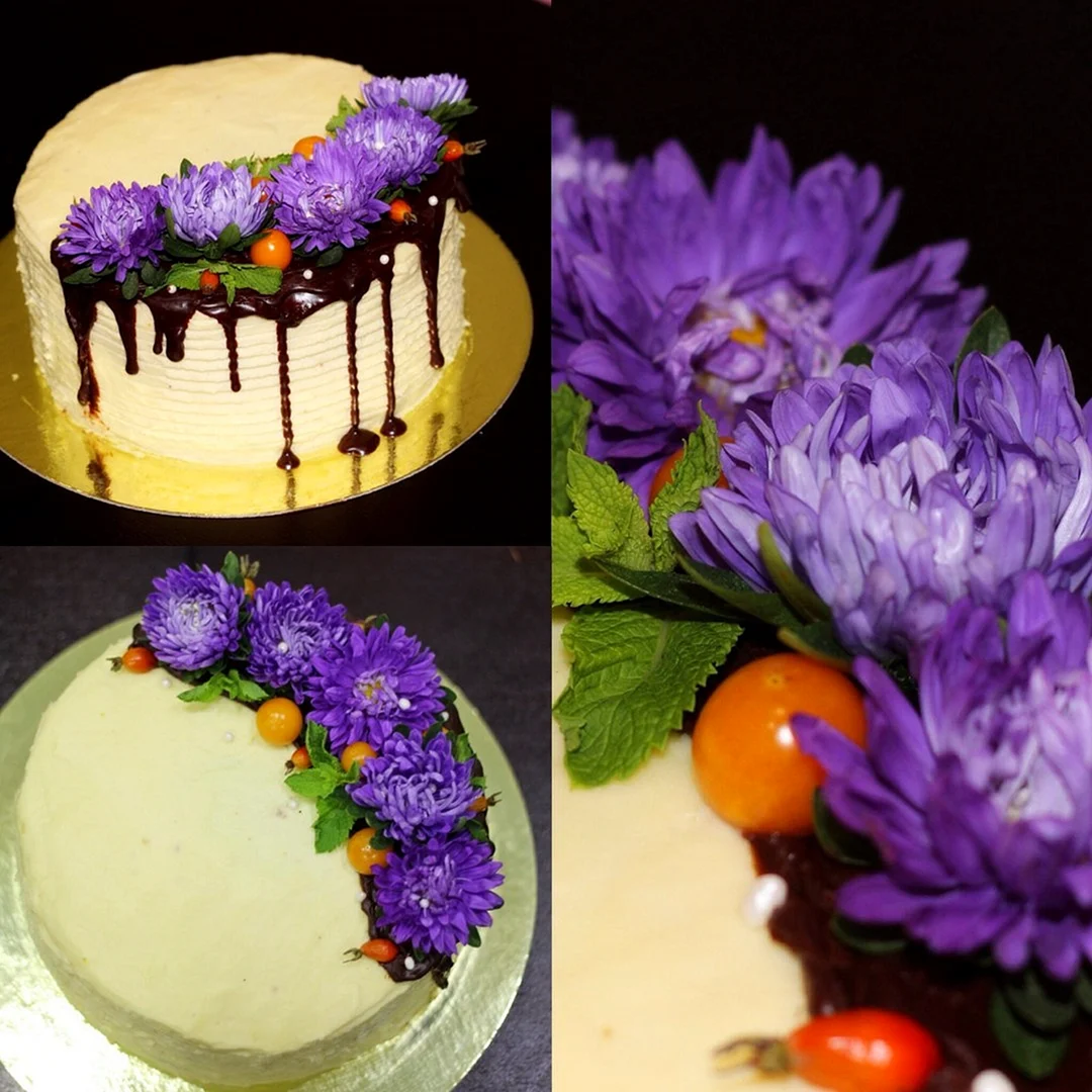 Торт с живыми цветами одноярусный хризантемы